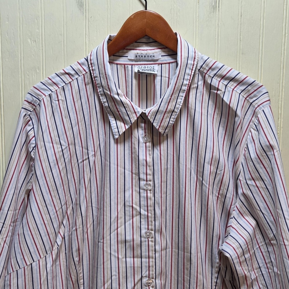 George Woman Stretch Button Up Shirt Womens 26W/28W Red Stripe 3/4 Sleeve Top